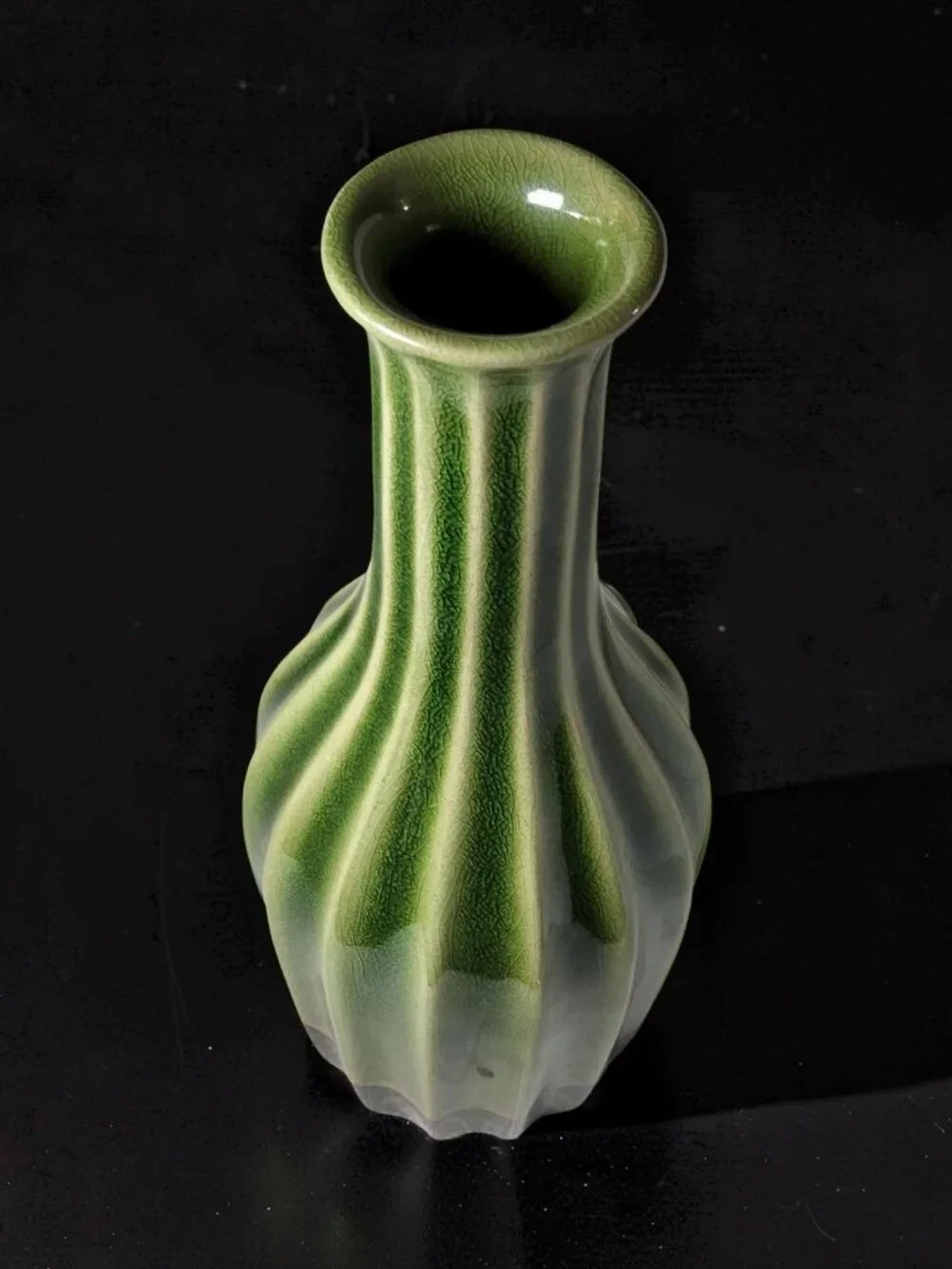 Vintage Dk.Green,Black Heavy Ceramic Ribbed Flanged Lip Vase